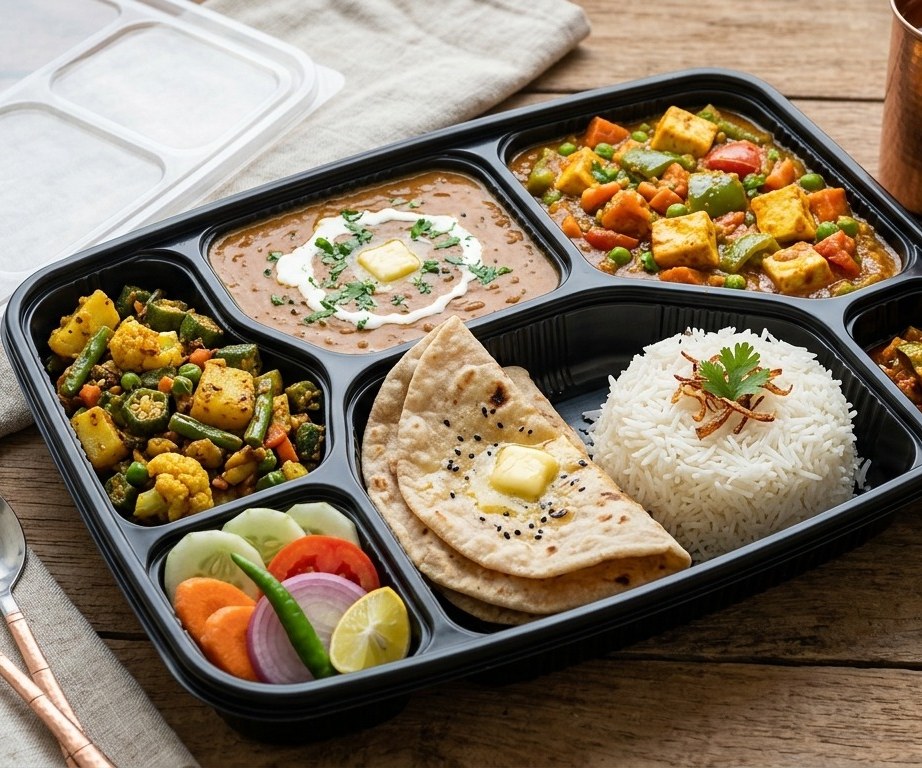 A WowZayka veg thali — rice, roti, dal, sabzi and salad in a sealed tray